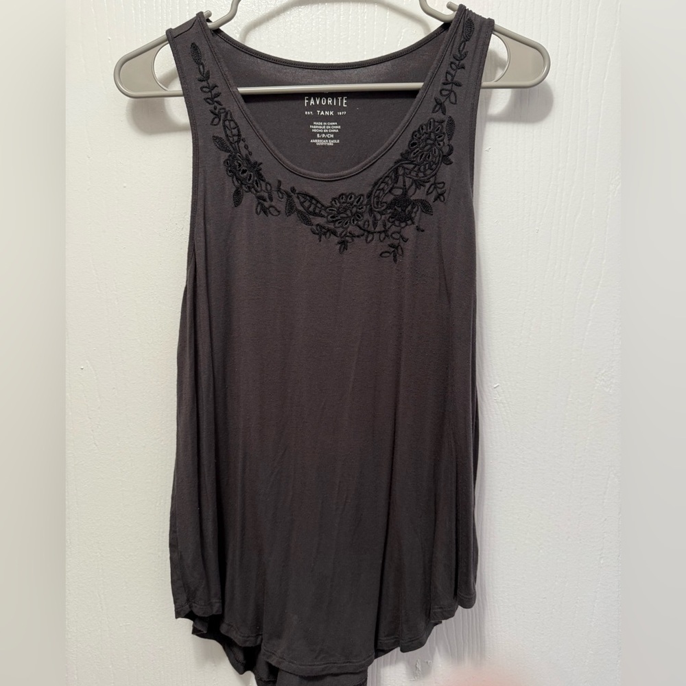 American Eagle Outfitters Charcoal Embroidered Tank Top Size Small